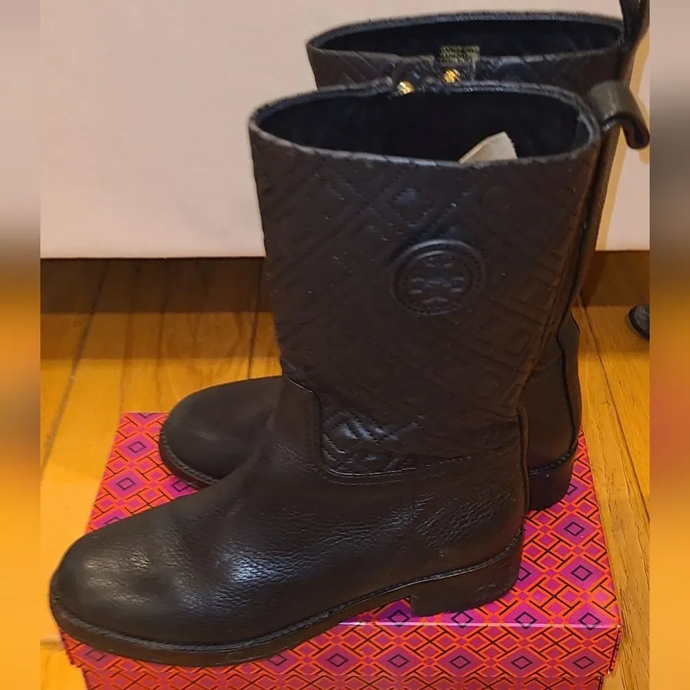 Tory Burch Designer Marion Black Leather Quilted Riding Boots 7